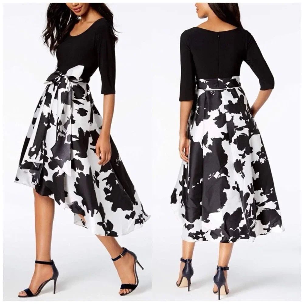 R & M Richards black and white floral high-low dress 3/4 sleeves size 12